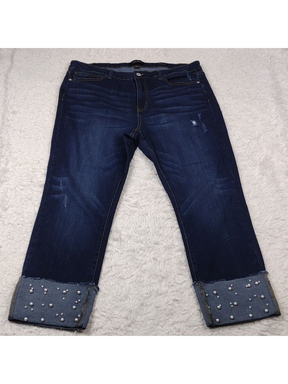 Judy Blue Five Pocket High Rise Dark Wash Embellish Cuff Straight Fit Ankle Jean - Picture 2 of 16